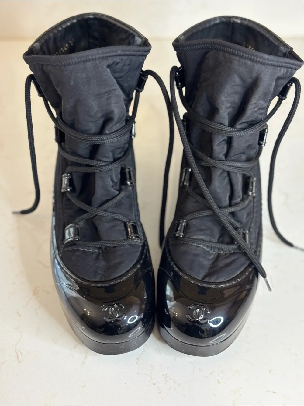 CHANEL Black Quilted Lace-Up Patent Toe Winter Boots
